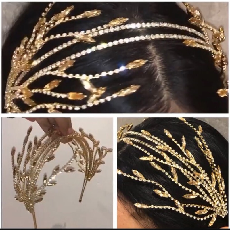 Barok Kristal Strass Parels Tassel Leaf Dubbele Haarband Vrouwen Bridal Wedding Tiara Haar Accessoires Crown Hairwear Sieraden