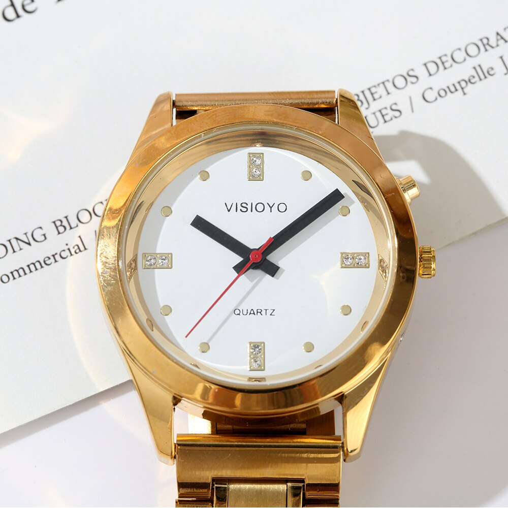 Montre parlante française avec fonction d'alarme, Date et heure parlantes, cadran blanc, fermoir repliable, étiquette du boîtier doré-404