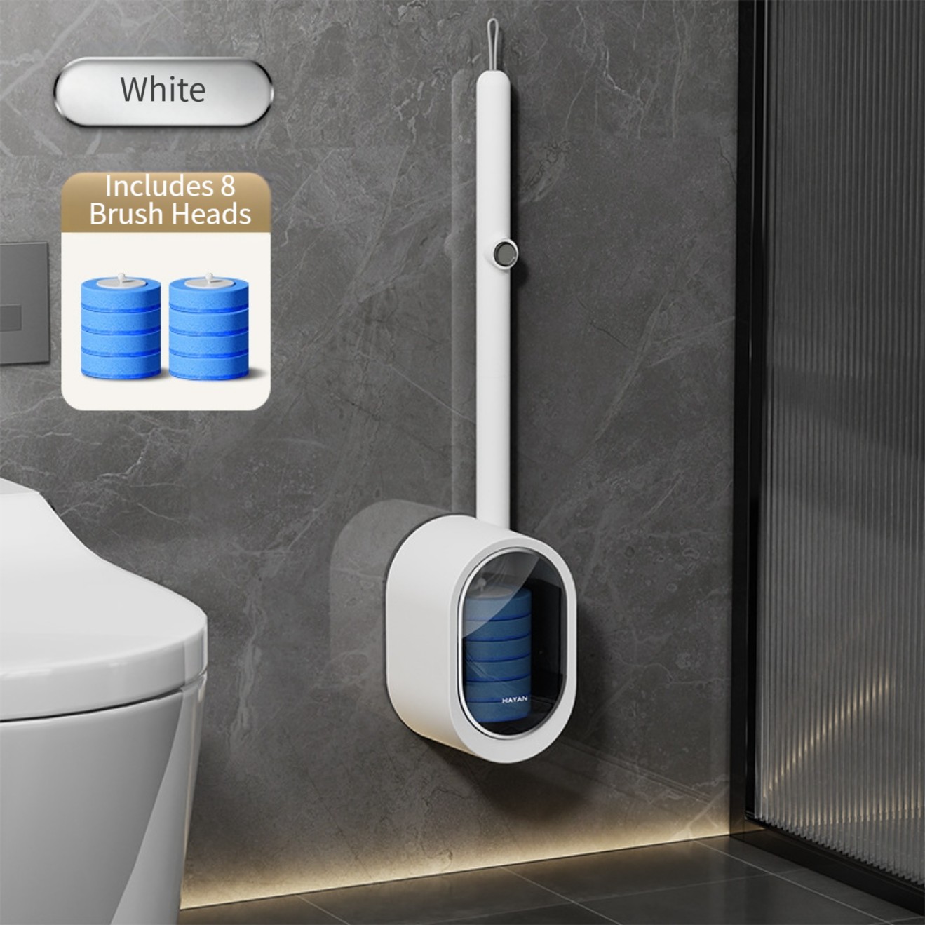 Kit per la pulizia del bagno con scopino usa e getta montato a parete, senza installazione di trapano e soluzione di pulizia incorporata