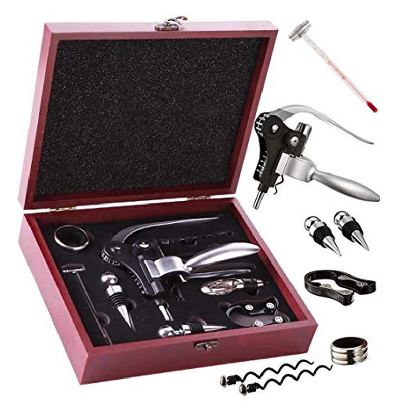 Stainless Steel Wine Opener for Bottle Opener Tools Set with Wood Box Pourer Stopper Foil Cutter Drip Ring Kit