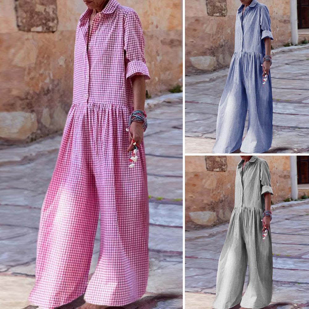 Zachte Jumpsuit Stijlvolle Ruitjesprint Dames Jumpsuit Met Lange Mouwen Wijde Pijpen Casual Losse Pasvorm Voor Een Modieuze Look Elastisch