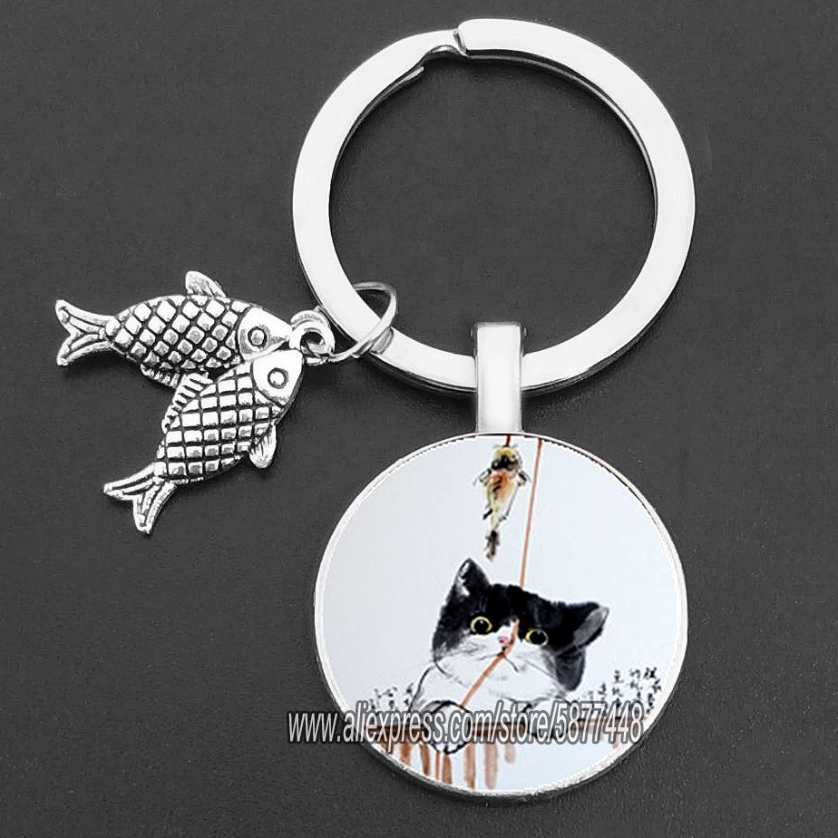 Ondeugende kat en vis glazen hanger sleutelhanger schattige kat die wil vis eten sleutelhangers voor vrouwen en schattig meisje: Bruin