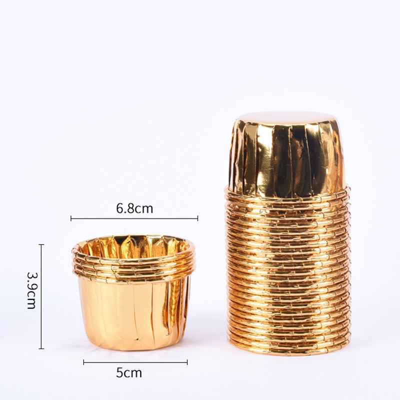 50 st stora 5039 aluminiumfolie omslagspapper guld silver cupcake liner bakformar plåt fodral bröllop muffins pappersmugg: Gyllene bägare
