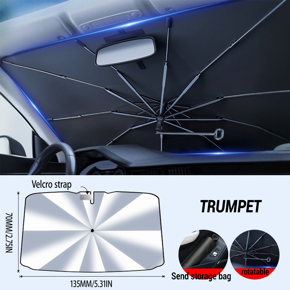 Paraguas para parabrisas de coche con 360 ° Manija plegable de rotación, parasol para ventana delantera, protección UV, accesorios de verano para coche: Verde militar