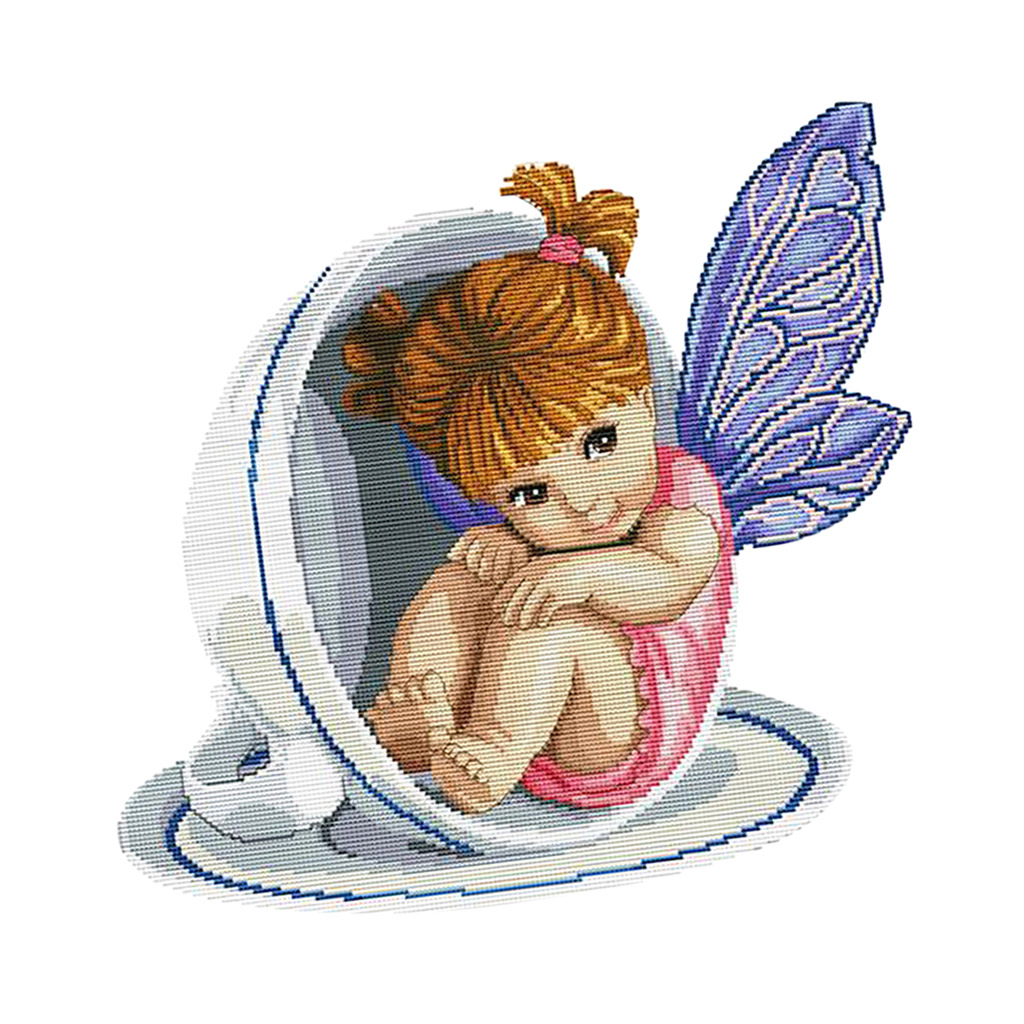 Angel in Teacup DIY Stamped Cross Stitch Kit Pre-printed Patterns Cute Scenery