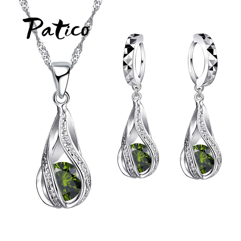 S925 Sterling Zilveren Sieraden Sets Voor Bruiloft Engagement Aaaa + Cz Zirconia Hanger Loops Hoepel Oorbellen Ketting Set: Green