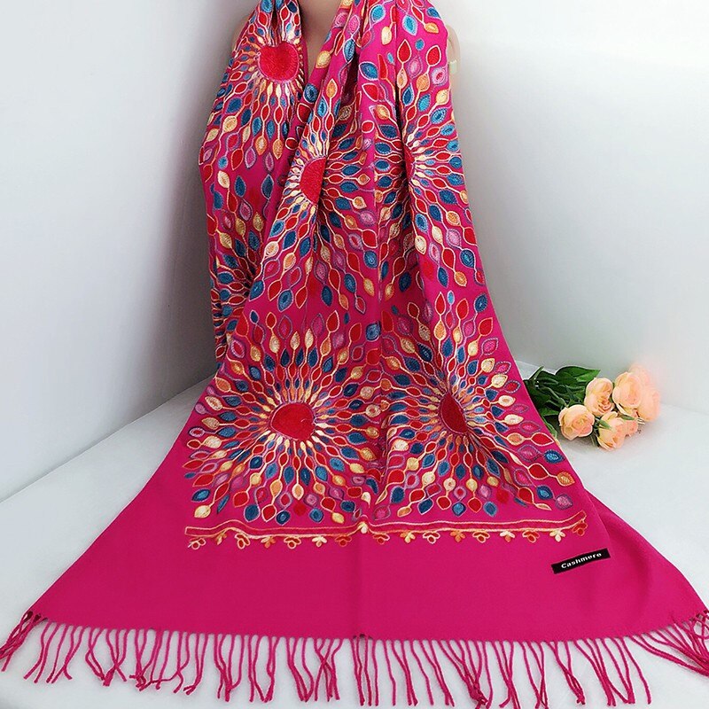 Vrouwen dikke kasjmier sjaals tibetaanse nepal zonnebloem sjaal borduurwerk kwast lange sjaal warme pashmina gebreide dames: 09