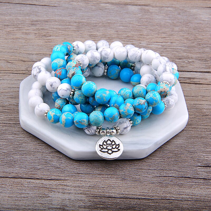 Natuursteen Mala Armband 108 Kralen Armband Turkoois Lotus Charm Voor Man Handgemaakte Armband Casual Sieraden Pulseras