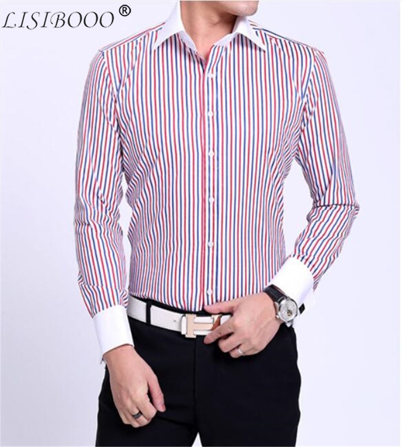 LISIBOOO Men Casual Slim Fit Shirt Mens Long Sleeve Business Dress Shirt French Cufflinks Shirt Male Striped Shirt