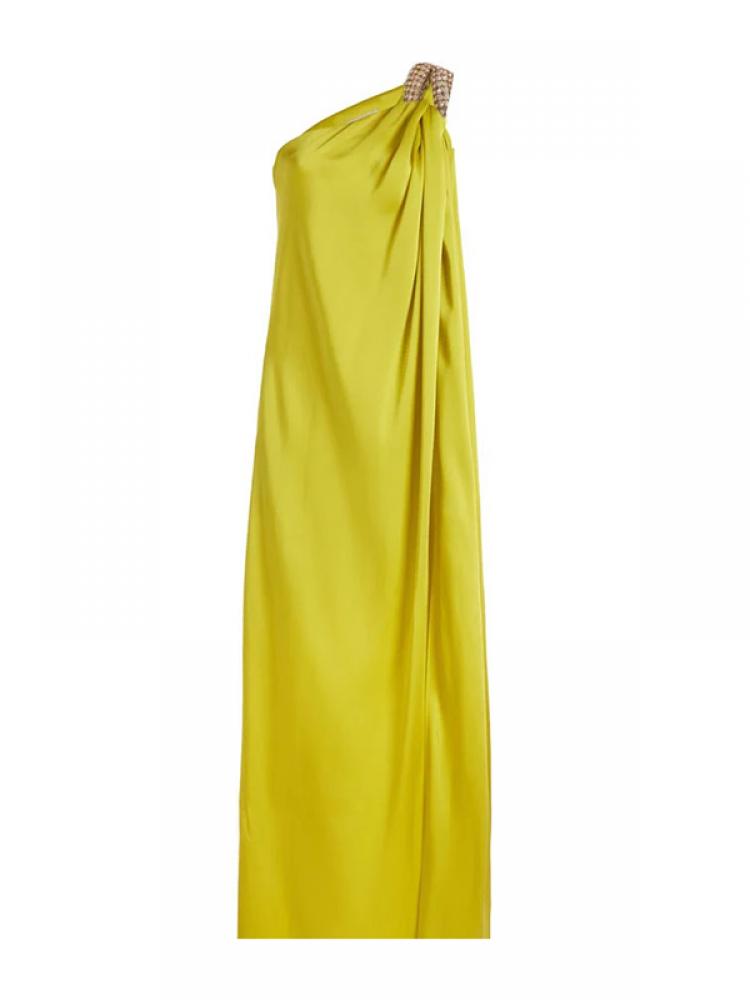 Freeacy – robe de soirée élégante pour femmes, coupe ample, jaune uni, asymétrique épaule dénudée, col licou, taille haute, ligne H, fendue sur le côté, Maxi