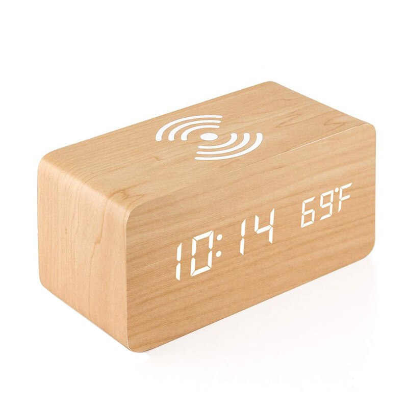Modern Wooden Digital LED Desk Alarm Clock Thermometer Sound Control Alarm Clock With Wireless Charging
