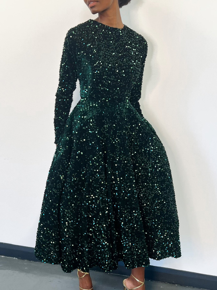 Vestido plisado de terciopelo con lentejuelas para mujer, traje Vintage de manga larga con purpurina para de Navidad y eventos de cumpleaños, novedad de invierno, 2024: XXL / Verde