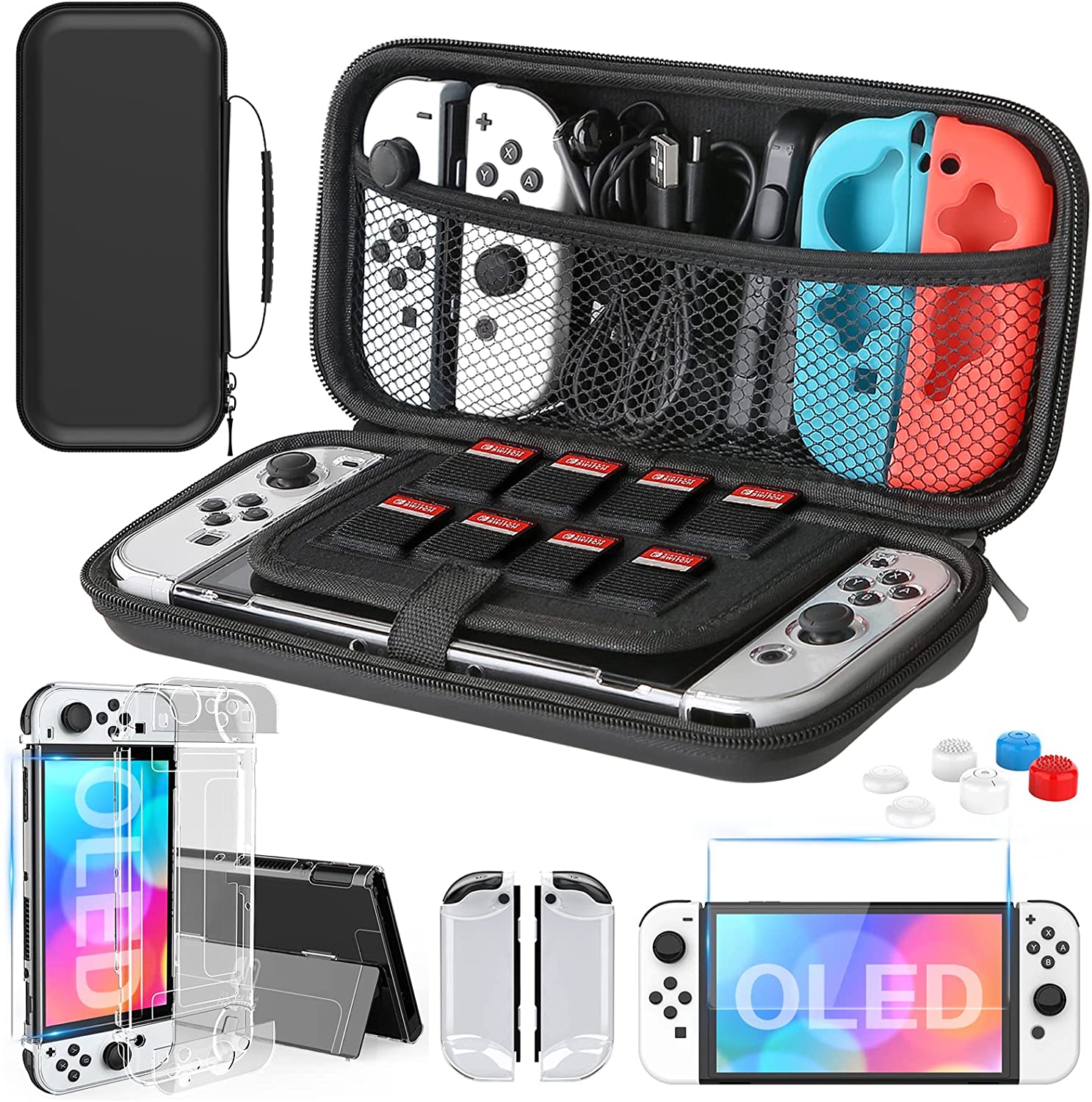 HEYSTOP Nintendo Schalter OLED Modell Tragetasche, 9 in 1 Zubehör Bausatz für Nintendo Schalter OLED Modell: C-Schwarz