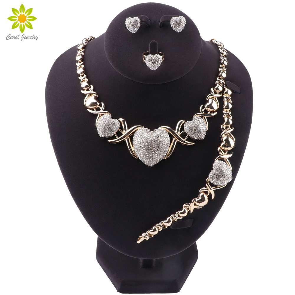 Moda cor de ouro na moda cristal coração forma colar pulseira brincos anel feminino jóias finas presentes natal menina