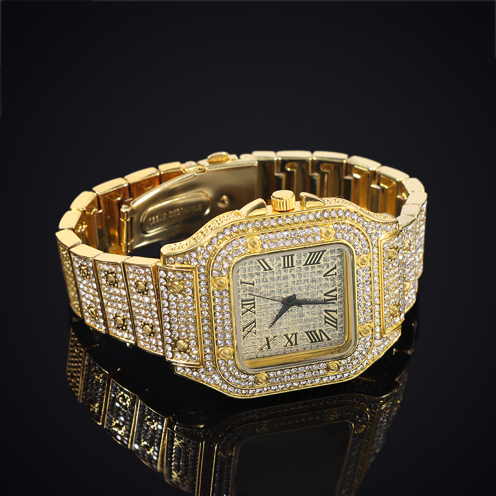 Iced out dameklokke gull sølvfarget firkantet diamanter kvarts luksuriøs hiphop-armbåndsur romersk klokke feminin relogio feminino