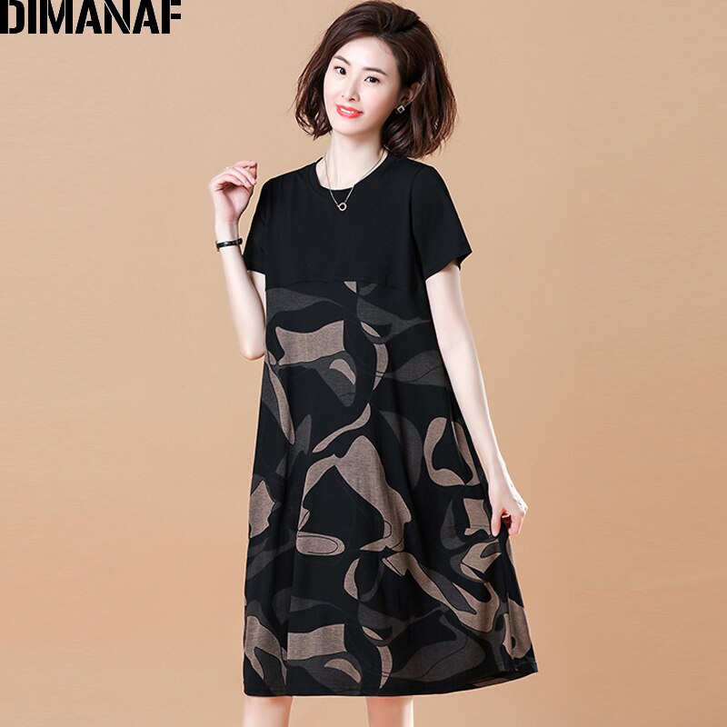 Dimanaf vestido feminino, tamanho grande roupas femininas de algodão solto emendado elegante vestido de verão vintaged impressão preto 5xl