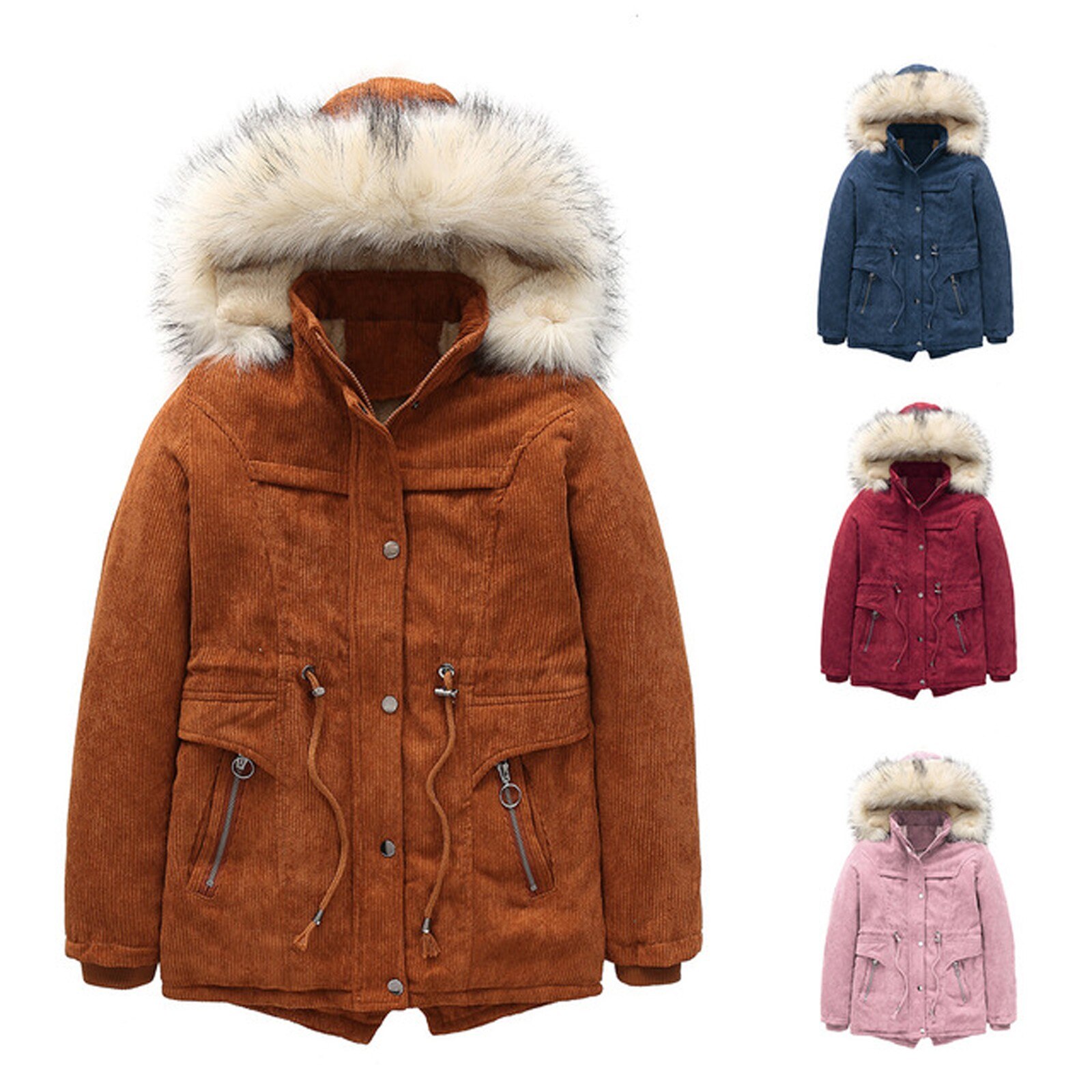 Hiver enfants couleur unie velours côtelé à capuche veste à glissière cordon veste vêtements en plein air hiver cyclisme Ski vêtements