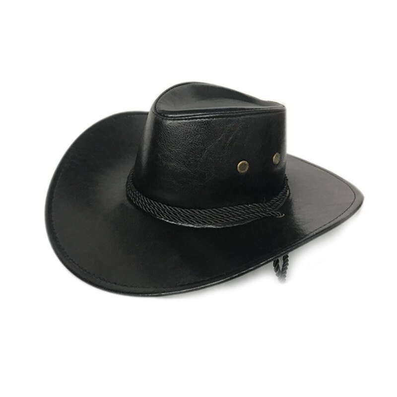 PU Leather Cowboy Hat Wide Brim Solid Color Caps For Gentleman Casual Travel Fancy Party Male Female Cowgirl Hats Cap: BK