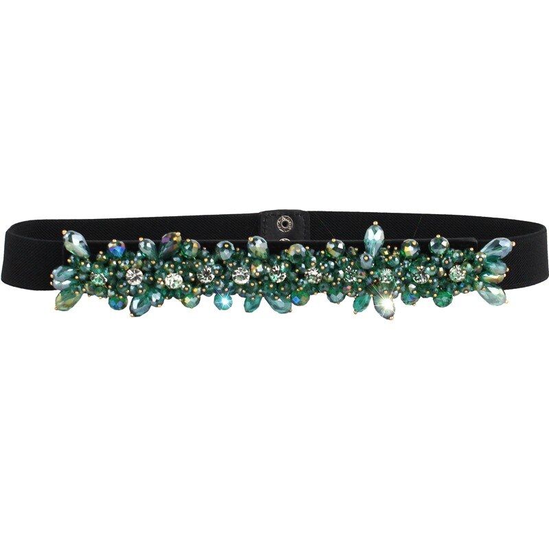 Frauen Klassische Elegante Breite Elastische strecken Taille Band mit Dekorative Strass Perlen Blume Taille Gürtel Bund B68