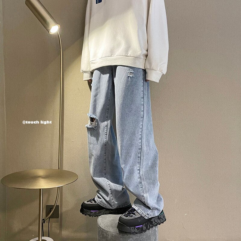 Pantalones vaqueros elásticos para hombre, rasgado y roto, Jeans rectos con agujeros a la , talla grande