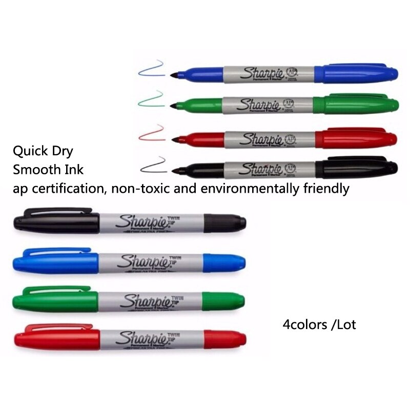 4 farver/parti sharpie permanent tusch pen tvillingspids fine tuscher hurtigtørrende blæk glat skrift cd markør pennarello