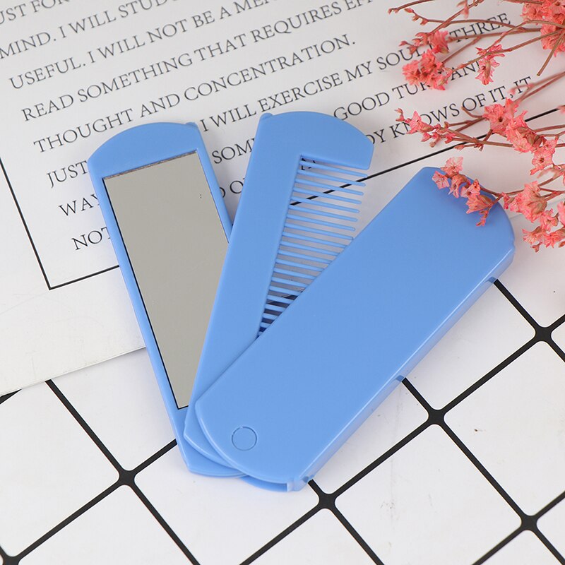 Folding Hair Brush Travel Hair Comb Portable Fold Hair Brush Mirror Compact Pocket Size Purse Travel Comb: Blue
