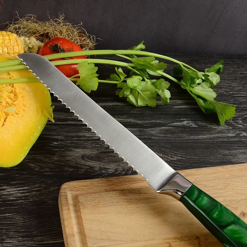 XYj-Juego de cuchillos de cocina de acero inoxidable, juego de cuchillos con Mango Verde de 8 pulgadas, Santoku, cortador de pan de Chef, rebanador chino 3CR13