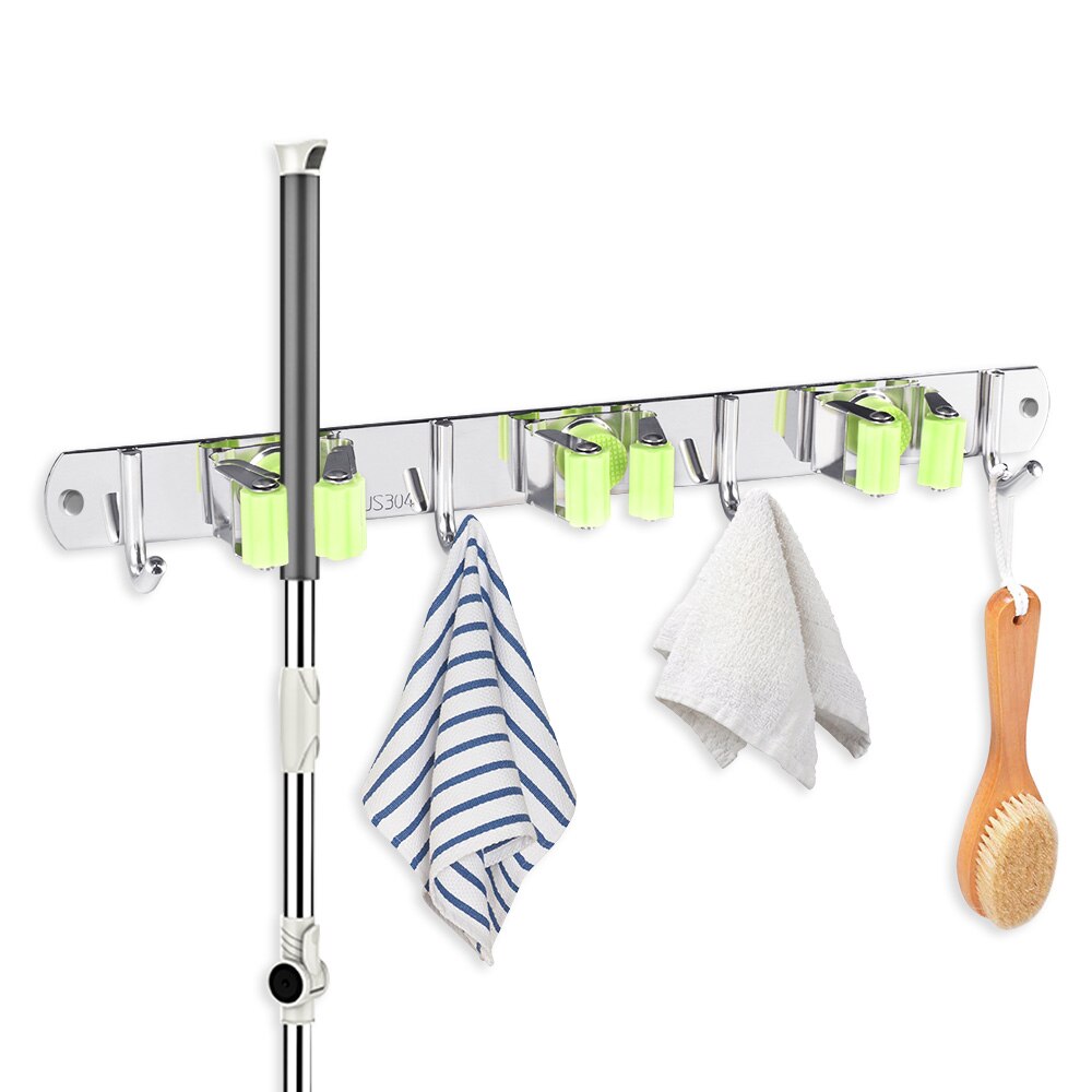 Broom Mop Holder Wall Mount Organizer Stainless Steel Heavy Duty Tools Hanger 3 Racks 4 Hooks Kitchen Bathroom Closet Garage