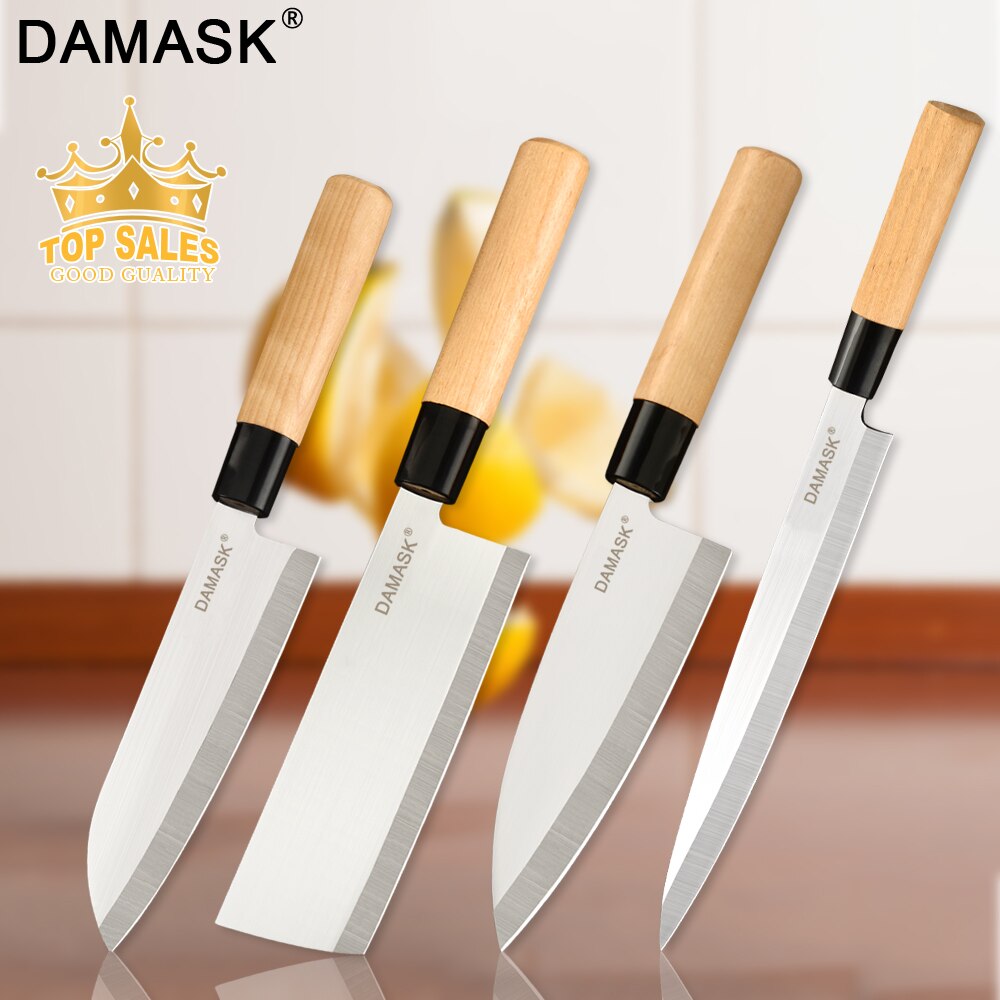 Damask køkkenkniv rustfrit stål knive sæt træskaft ultra skarp sashimi santoku chop kokkekniv madlavningstilbehør