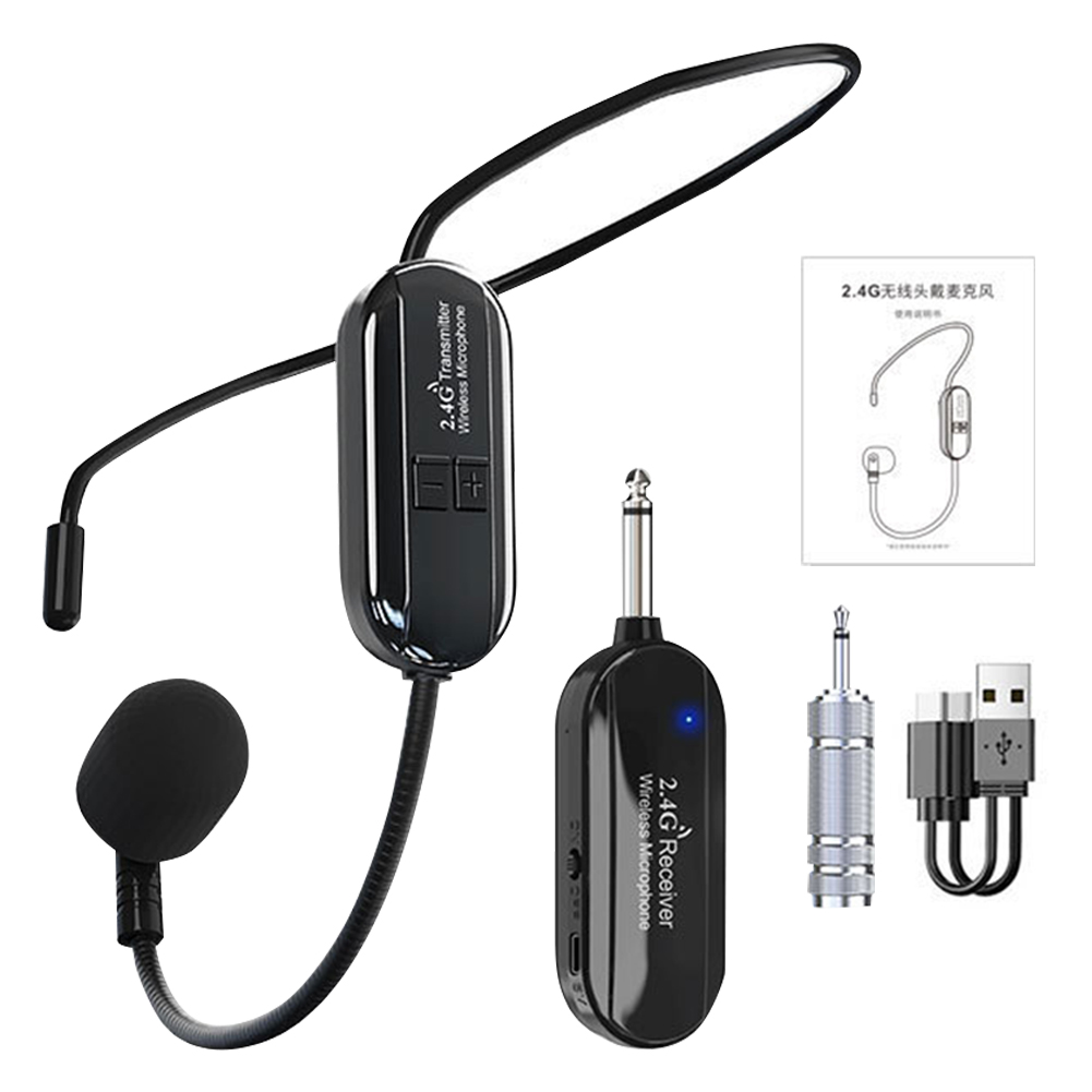 Cuffie con microfono wireless 2.4G Cuffie wireless e sistema microfonico portatile 2 in 1 per amplificatori vocali Altoparlanti da palco Insegnare: Black