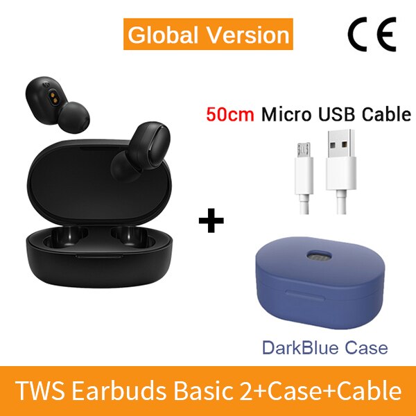 Original Xiaomi Redmi AirDots 2 Wireless Bluetooth 5.0 Earphone In-Ear stereo bass Earphones With Mic Left Right Low Lag Mode: DarBlueCase 50cmline