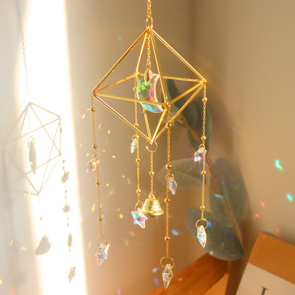 Crystal Suncatcher Wind Chime Prism Rainbow Light Chaser Bells Moon Star Boho Hanging Window Garden Terrace Pendant Home Decor
