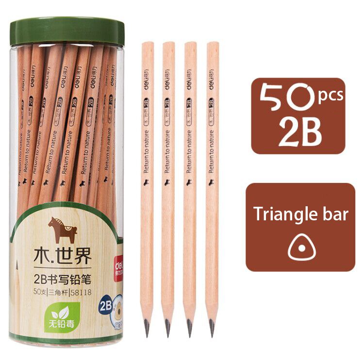 Deli log Wood Pencil 2B HB primary school children kindergarten writing test drawing sketch special pencil safety stationery: 50pcs 2B  58118