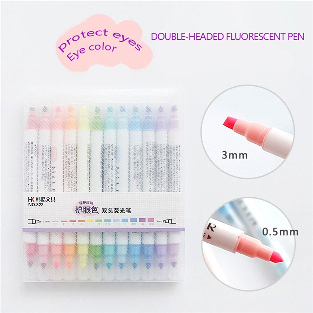 12Pcs/Set Mildliner Highlighter Pen Stationery Double Headed Fluorescent Marker Pen 12 Colors Mark Pen Cute Mildliner