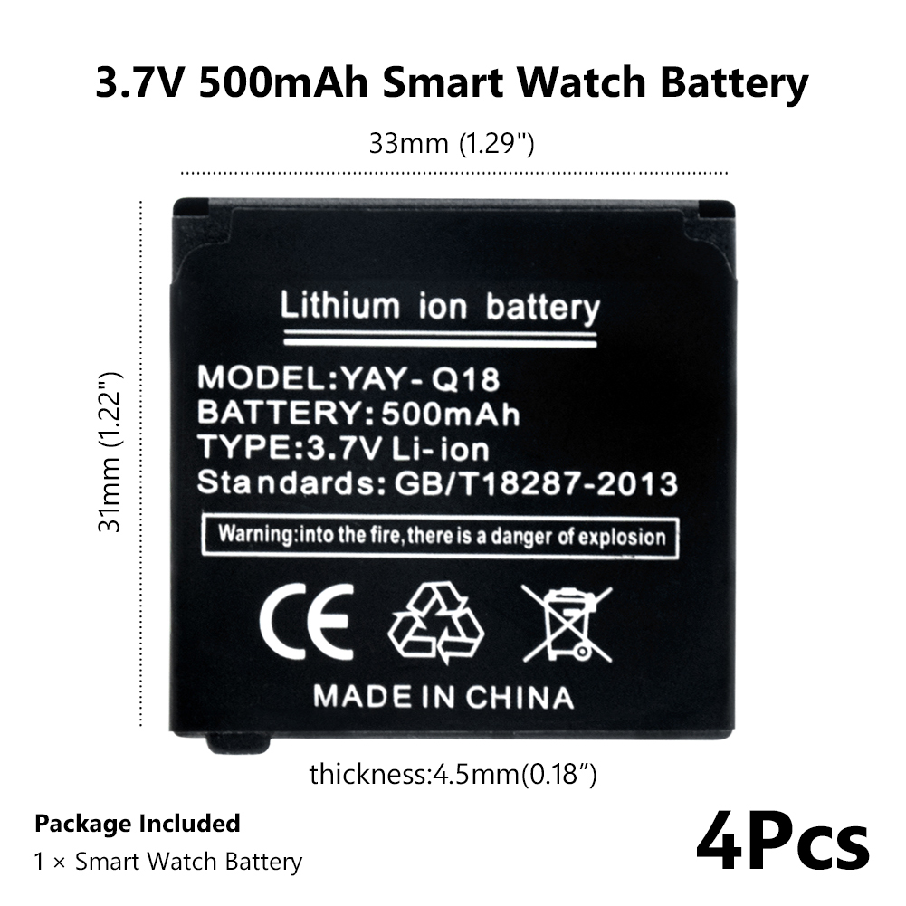 Postiman para reloj inteligente Q18, batería de litio recargable de 500mAh y 3,7 V, batería de polímero de litio de repuesto: 4pcs