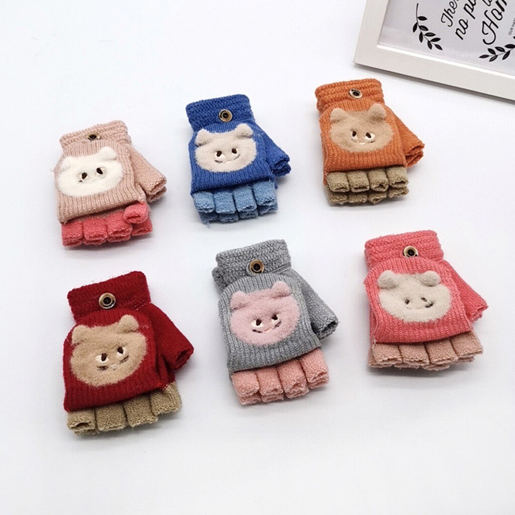 Winter Mittens Gloves Children Girls Winter Cute Cartoon Mittens Gloves Girls Knitted Convertible Fingerless Mittens Gloves
