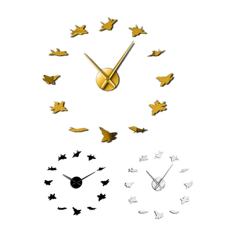 Flying Plane Fighter Jet Modern DIY Giant Wall Clock Acrylic Mirror Surface Sticker Airplane Wall Clock Pilot Home Decor