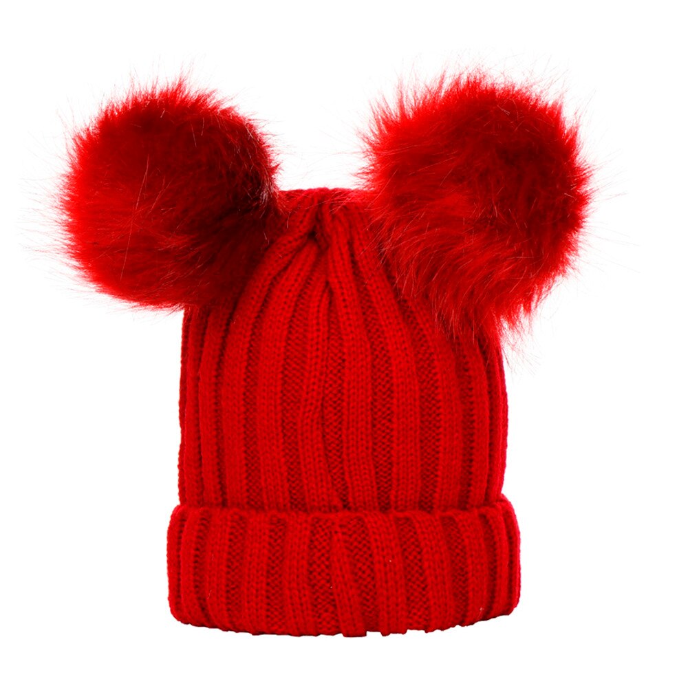 Gorro de punto con pompón para niño y niña, gorro cálido con pompón de Color sólido de para invierno y otoño: Rojo
