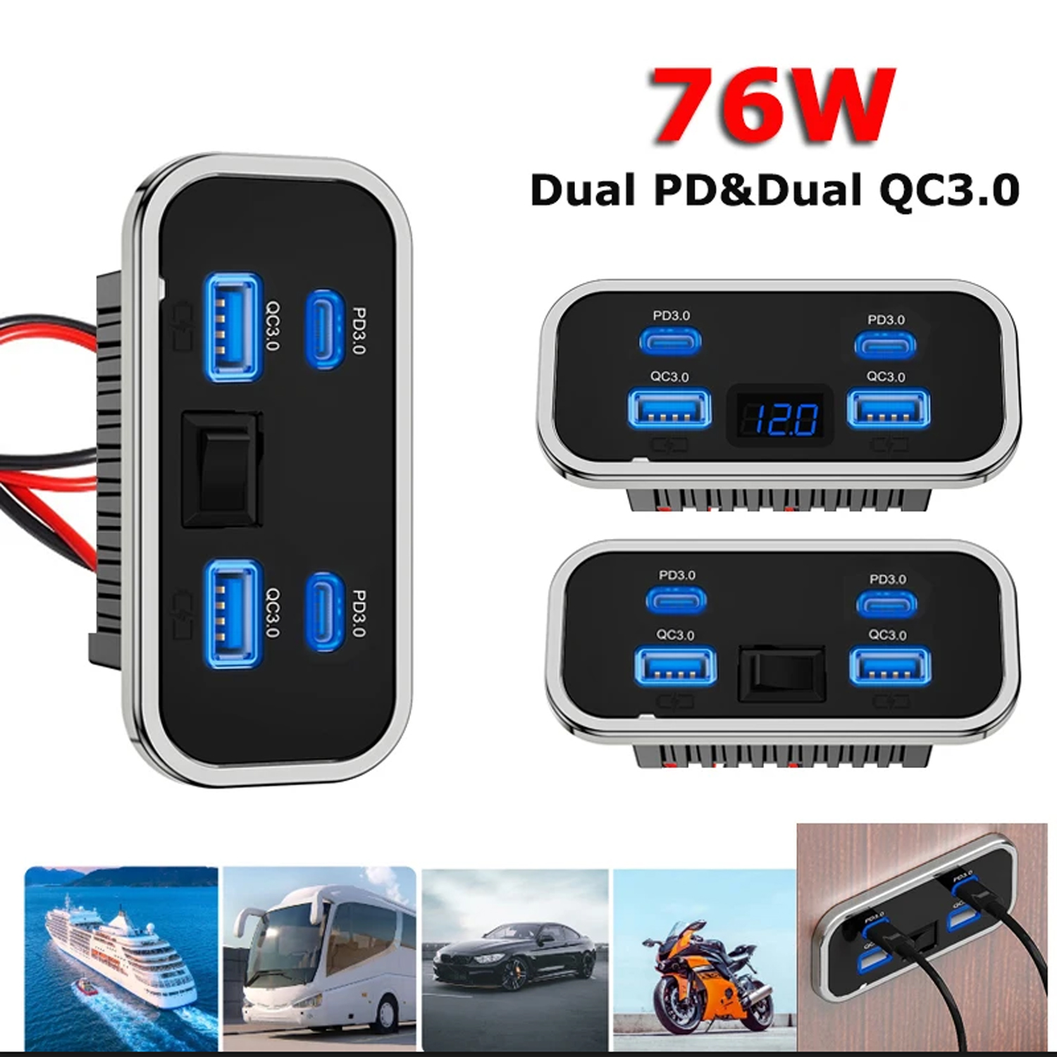 4 bærer, 12v usb-uttak til bobil  pd3.0 76w doble hurtigladere av type c og  qc3.0 panelmonterte veggladeradaptere til marin buss, atv og lastebil