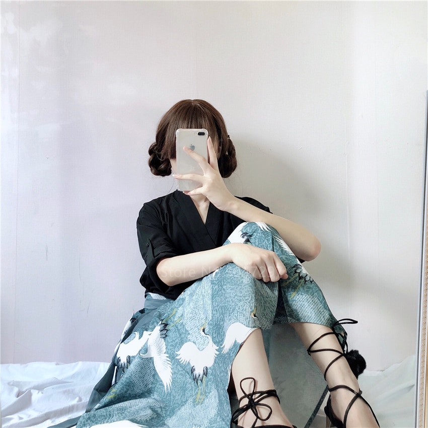 Japanese Traditional Clothes Women Mujer Fancy Crane Print Long Sleeve Kimono Skirt Set Asian Chinese Cardigan Outfits