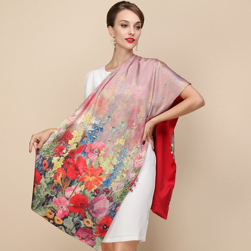 100% Zijde Satijn Lange Sjaal Dubbellaags Lente Sjaal Pashmina Vrouwen Luxe Sjaals Sjaal Printted Hijab