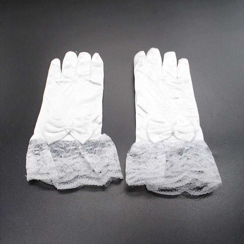 2020 nova Moda Branco Crianças Laço de Cetim luvas de Dedos Completos Luvas curto Luvas de Renda Pérola Menina Crianças vestido de Festa