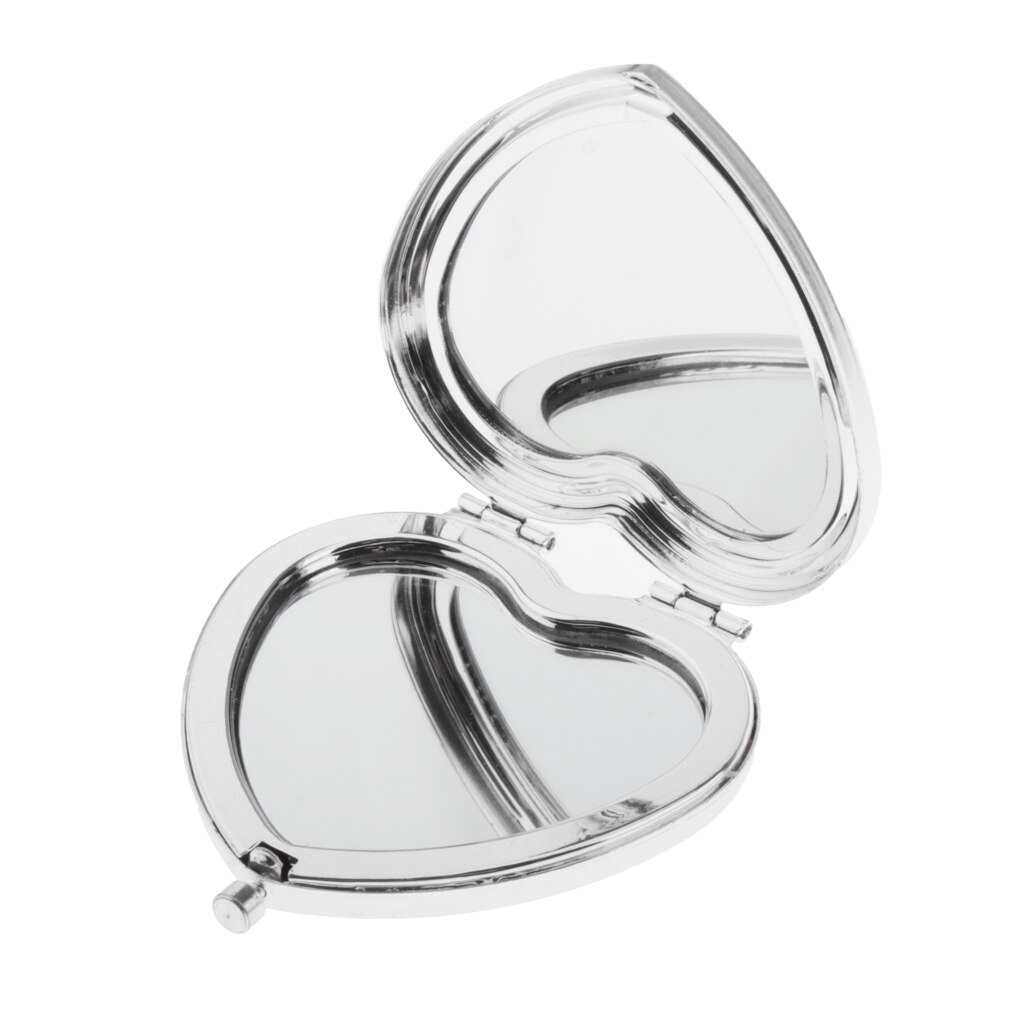 Two Sided Heart shaped Compact Mirror With Metal Frame, 2x Magnification and 1x True View Make Up Mirror: Silver