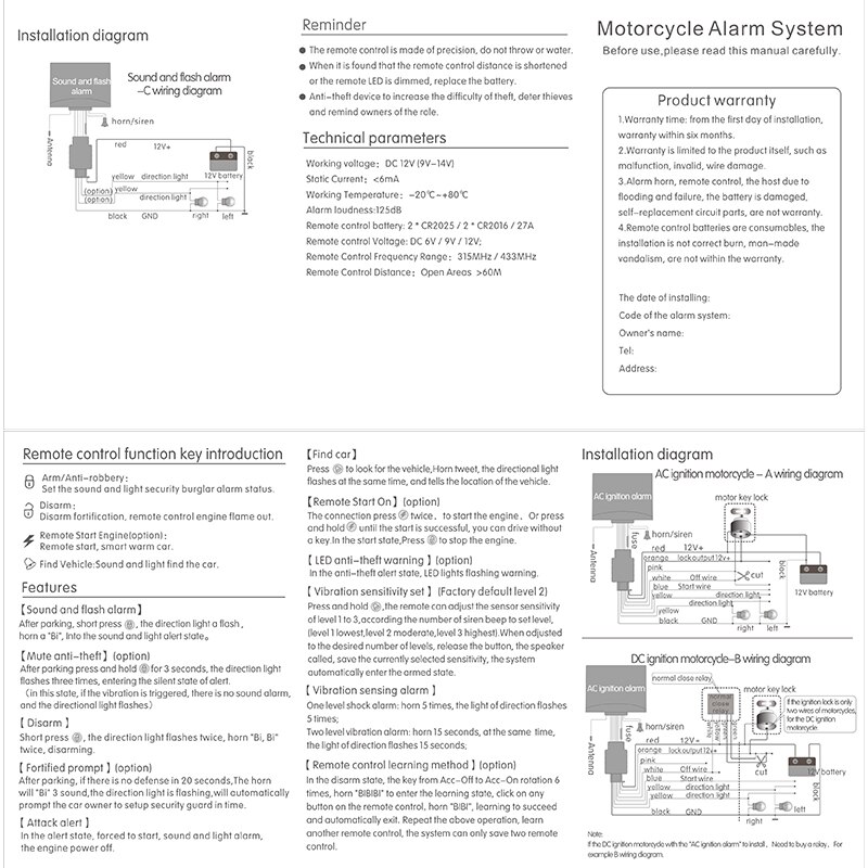Sistema de alarma de seguridad antirrobo para motocicleta, bloqueo de manillar de motor con Control remoto de 12V, luz de sonido, vibración de 125db