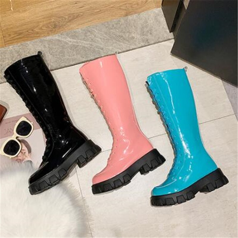 Herfst Night Club Hoge Hakken Schoenen Vrouwen Kniehoge Laarzen Lakleer Platform Laarzen Winter Lange Motorlaarzen Vrouw zwart