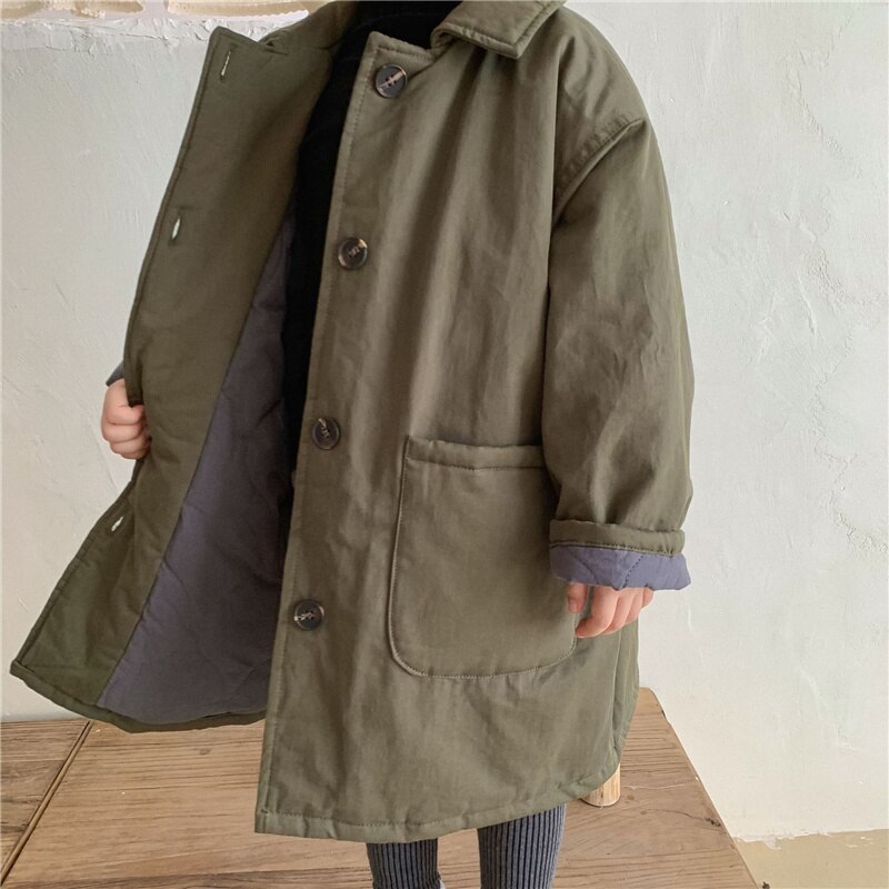 Winter Kinderen Eenvoudige Effen Kleur Gewatteerde Lange Stijl Jassen Unisex Katoen Casual Losse Turn-Down Kraag Katoen Gewatteerde jassen: Army Green / 3T