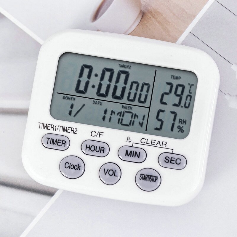 Multifunction White Timer/Thermometer/Hygrometer/Alarm Clock/Calendar Digital Electronic For Kitchen And Study