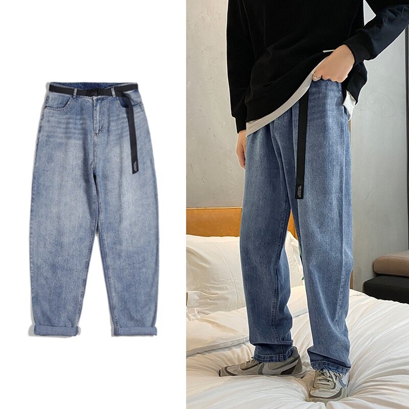 Mannen Losse Rechte Jeans Koreaanse Stijl Wijde Broek Casual Streetwear Met Taille Band