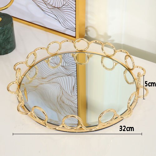 Placa de ouro doces sobremesa bandeja geométrica chapeamento metal vidro espelho prato jóias placas exibição rústico europeu decoração da sua casa: C