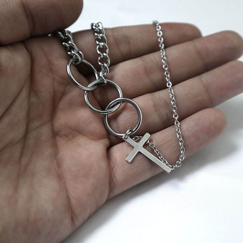 Gelaagde Ketting Heren Rvs Hip Hop Kruis Ketting Cirkel Hanger Verklaring Collier Stalen Sieraden